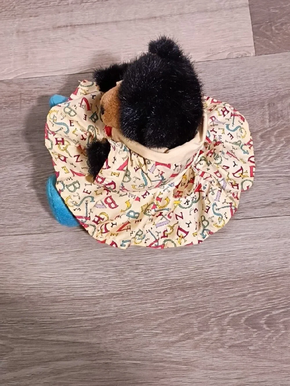 Russ Black Plush Bear in Alphabet‎ Dress with Blue Shoes